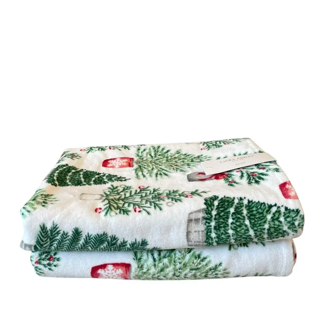 4pc Laura Ashley Christmas Tree Towel Set 2 Finger Tip 2 Bath Cotton New